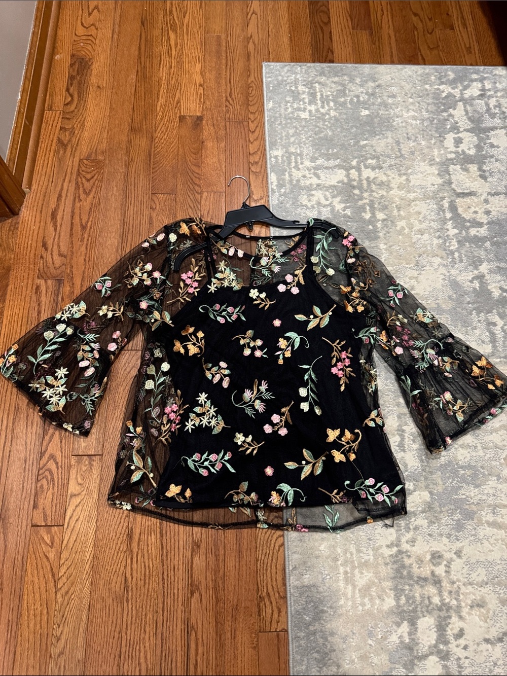 Floral Embroidered Black Sheer Sleeve Women's Top